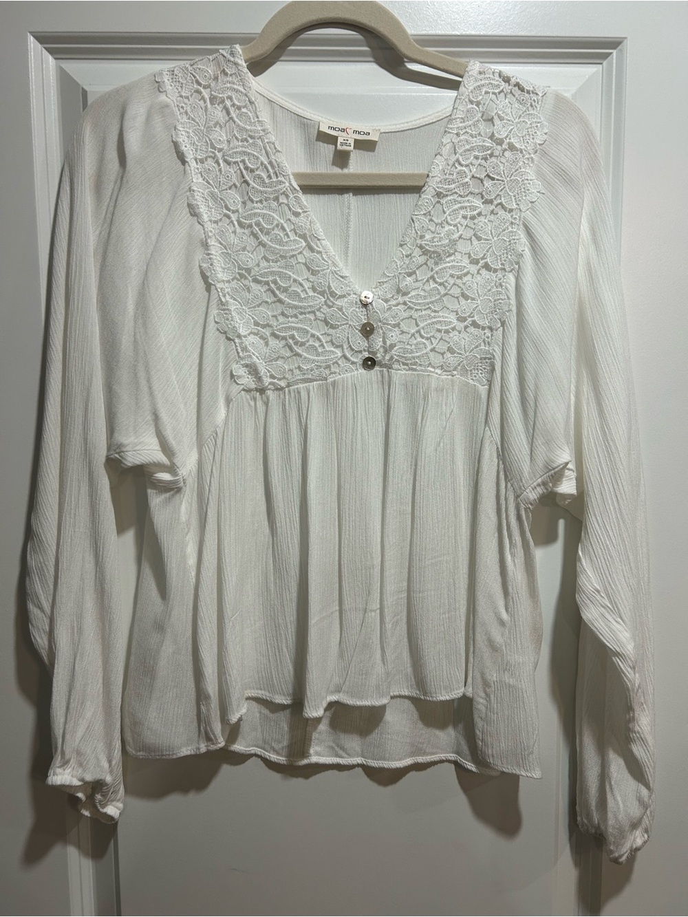 Moa Moa White Lace V-Neck Boho Peasant Blouse